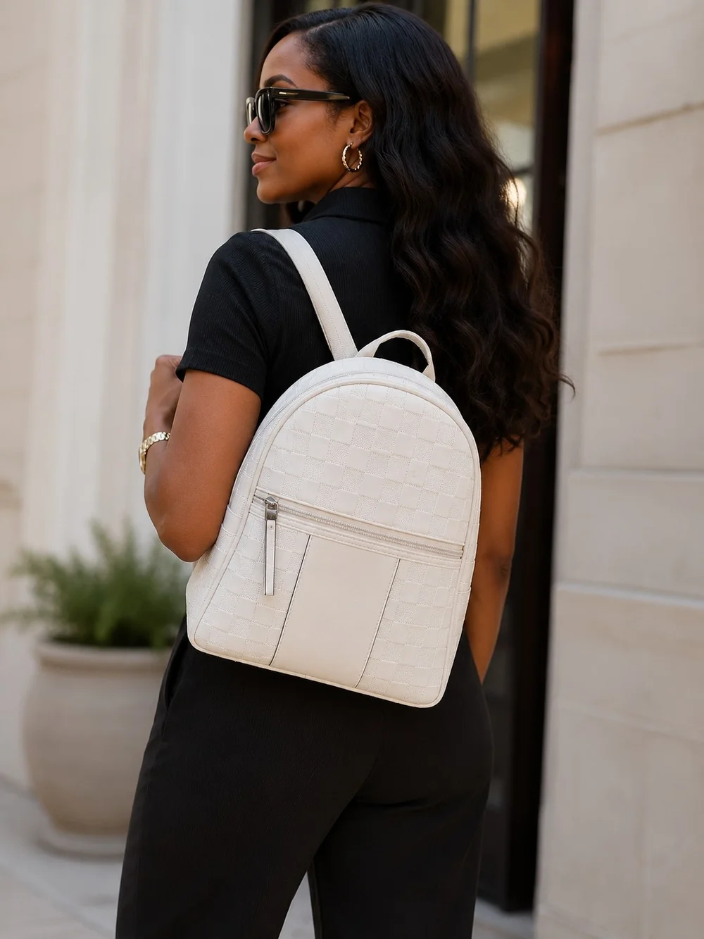 NWT Tahari Cream/Ivory Checkered Backpack + Dust Bag